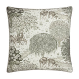 Square The Brook Jacquard Linen Cushion in cream, green and grey, featuring a toile-style woodland scene with deer, willow trees and a stream, shown on a white background.