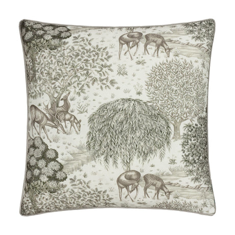 Square The Brook Jacquard Linen Cushion in cream, green and grey, featuring a toile-style woodland scene with deer, willow trees and a stream, shown on a white background.