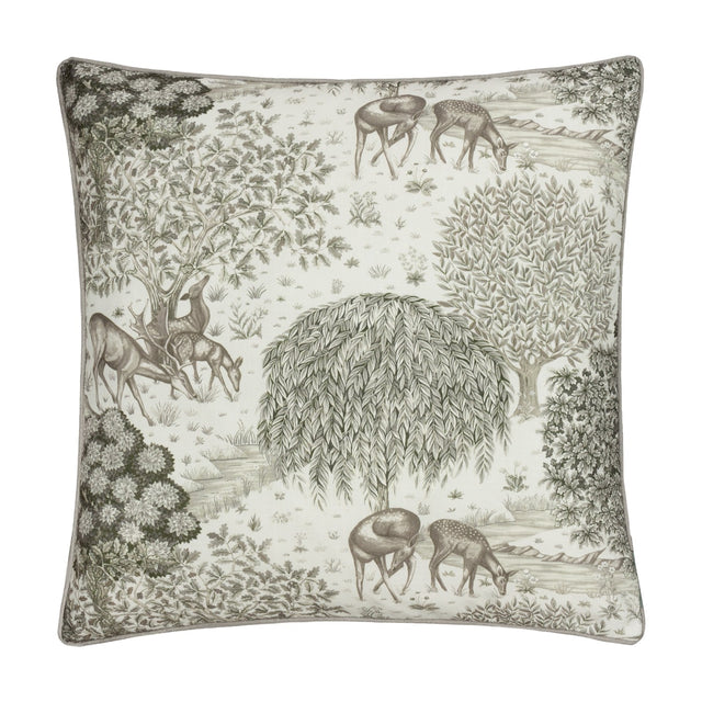 Square The Brook Jacquard Linen Cushion in cream, green and grey, featuring a toile-style woodland scene with deer, willow trees and a stream, shown on a white background.