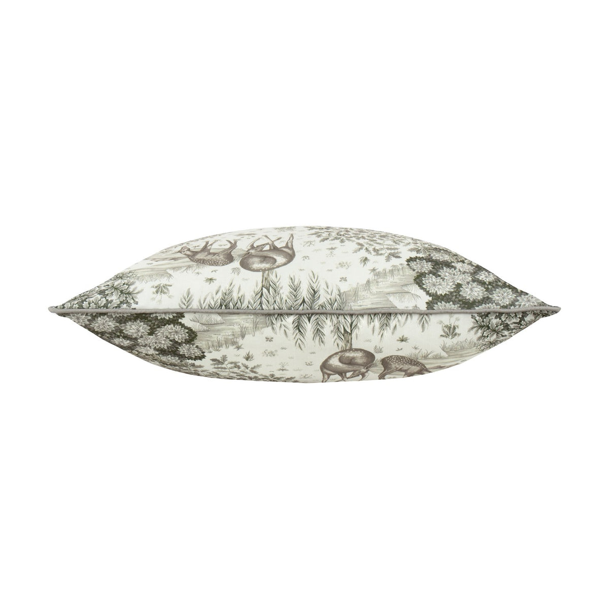 The Brook Jacquard Linen Cushion in cream, shown side-on to reveal its plump shape, with a green and grey woodland deer toile design on a white background.