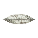 The Brook Jacquard Linen Cushion in cream, shown side-on to reveal its plump shape, with a green and grey woodland deer toile design on a white background.