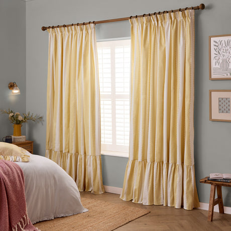 Birdie Stripe Cotton Pencil Pleat Curtains - Butter Yellow