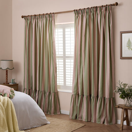Birdie Stripe Cotton Pencil Pleat Curtains - Pink/Green