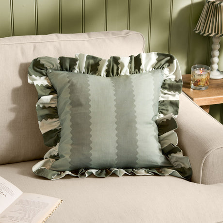 Birdie Stripe Frill Trim Cotton Cushion - Bay Green / Mist