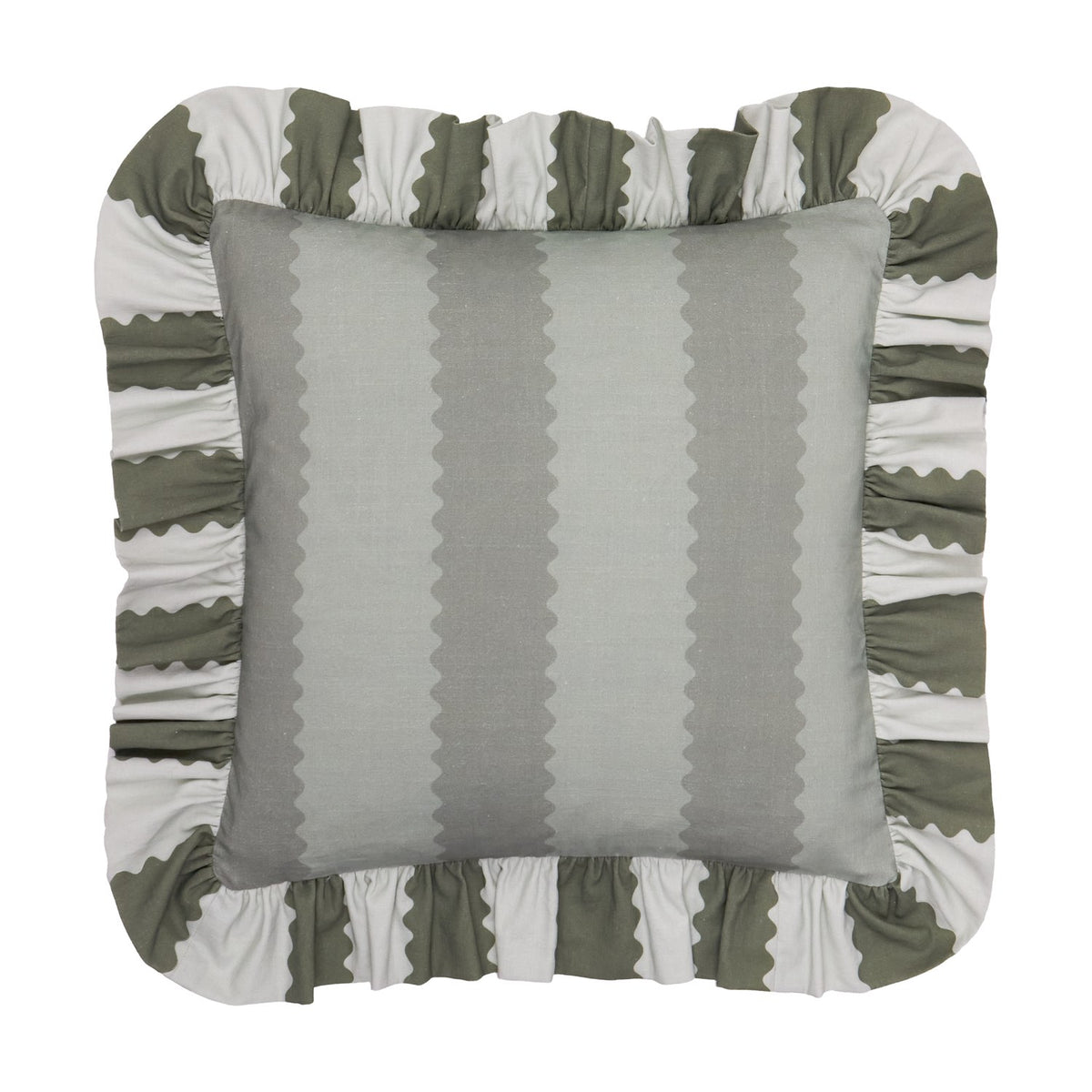 Birdie Stripe Frill Trim Cotton Cushion in Bay Green / Mist, featuring a vertical grey-green striped front framed by a ruched scalloped ruffle in sage and off-white, shown on a plain white background.
