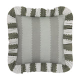 Birdie Stripe Frill Trim Cotton Cushion in Bay Green / Mist, featuring a vertical grey-green striped front framed by a ruched scalloped ruffle in sage and off-white, shown on a plain white background.