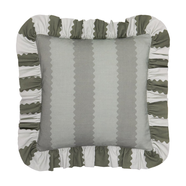 Birdie Stripe Frill Trim Cotton Cushion in Bay Green / Mist, featuring a vertical grey-green striped front framed by a ruched scalloped ruffle in sage and off-white, shown on a plain white background.