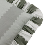 Close-up of the Birdie Stripe Frill Trim Cotton Cushion in Bay Green/Mist, showing the gathered ruffle edge in green and off-white against the muted sage-striped cotton face.