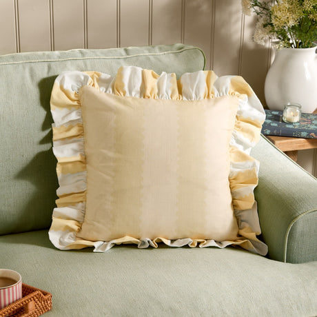 Birdie Stripe Frill Trim Cotton Cushion - Butter Yellow