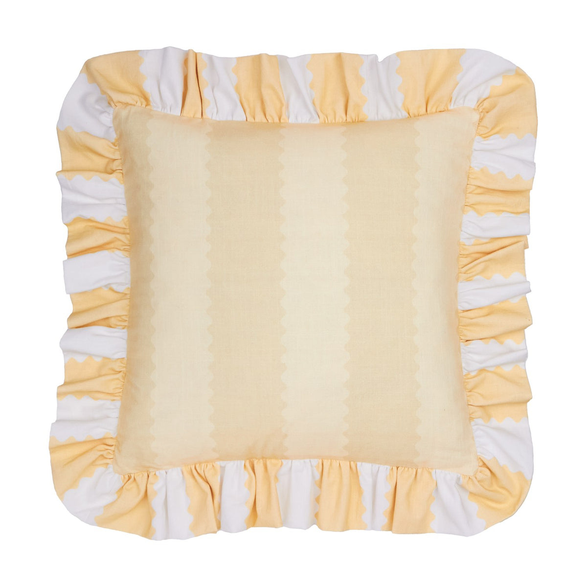 Square cotton cushion in butter yellow with a scalloped stripe print and a gathered yellow-and-white frill trim edge, shown on a plain white background.