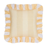 Square cotton cushion in butter yellow with a scalloped stripe print and a gathered yellow-and-white frill trim edge, shown on a plain white background.