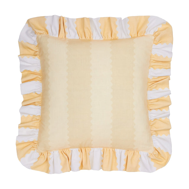 Square cotton cushion in butter yellow with a scalloped stripe print and a gathered yellow-and-white frill trim edge, shown on a plain white background.