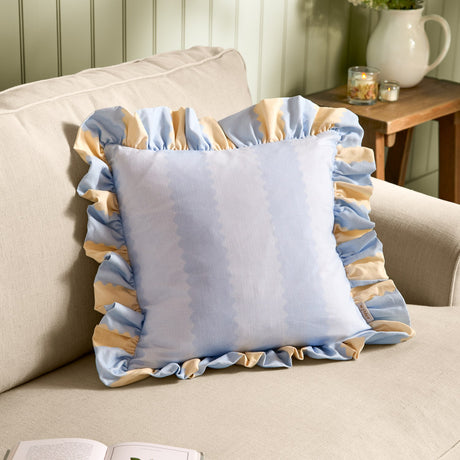 Birdie Stripe Frill Trim Cotton Cushion - Lemon/Sky