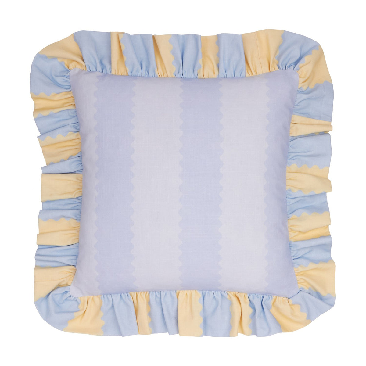 Birdie Stripe Frill Trim Cotton Cushion in Lemon/Sky, a square cushion with pale blue scalloped-stripe face and gathered ruffle trim alternating blue and yellow, shown on a white background.