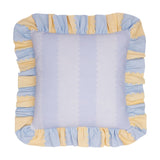 Birdie Stripe Frill Trim Cotton Cushion in Lemon/Sky, a square cushion with pale blue scalloped-stripe face and gathered ruffle trim alternating blue and yellow, shown on a white background.