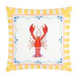 Brunch Stripes reversible polyester cushion in yellow-and-white stripes with a hand-painted lobster in a scalloped pink and blue-flecked border, shown on a plain white background.