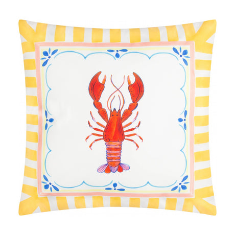 Brunch Stripes reversible polyester cushion in yellow-and-white stripes with a hand-painted lobster in a scalloped pink and blue-flecked border, shown on a plain white background.