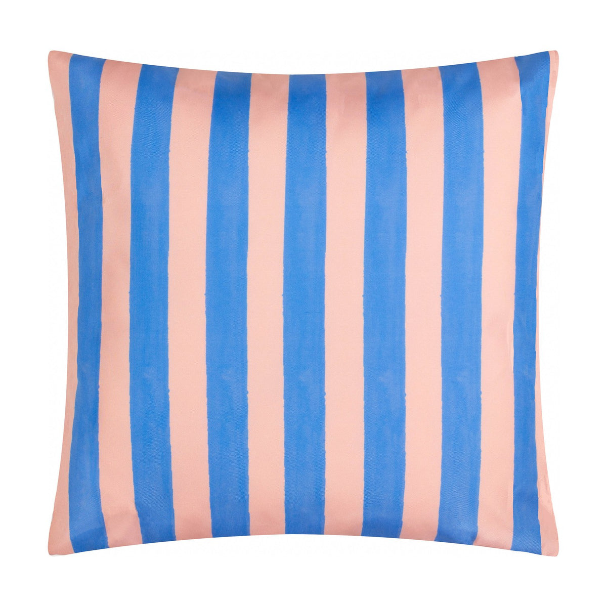 Brunch Stripes reversible polyester cushion, 45 x 45cm square, shown in bold blue-and-pink wide stripe design on a plain white background.