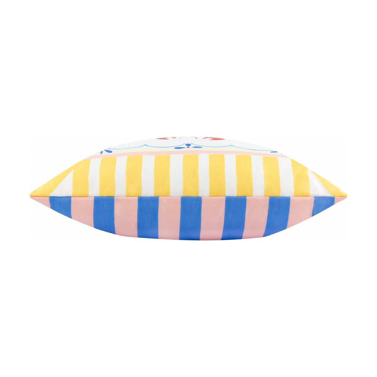 Side view of the Brunch Stripes reversible polyester cushion, showing yellow-and-white stripes on one edge and blue-and-pink wide stripes on the other, against a plain white background.