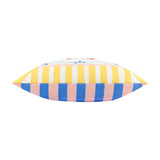 Side view of the Brunch Stripes reversible polyester cushion, showing yellow-and-white stripes on one edge and blue-and-pink wide stripes on the other, against a plain white background.