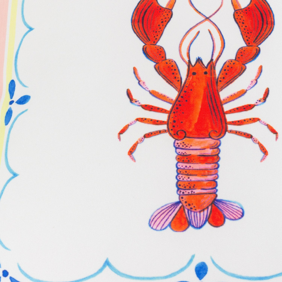 Brunch Stripes reversible polyester cushion, 45 x 45cm, showing a hand-painted red lobster within a scalloped border and blue coastal-stripe edging on white fabric.