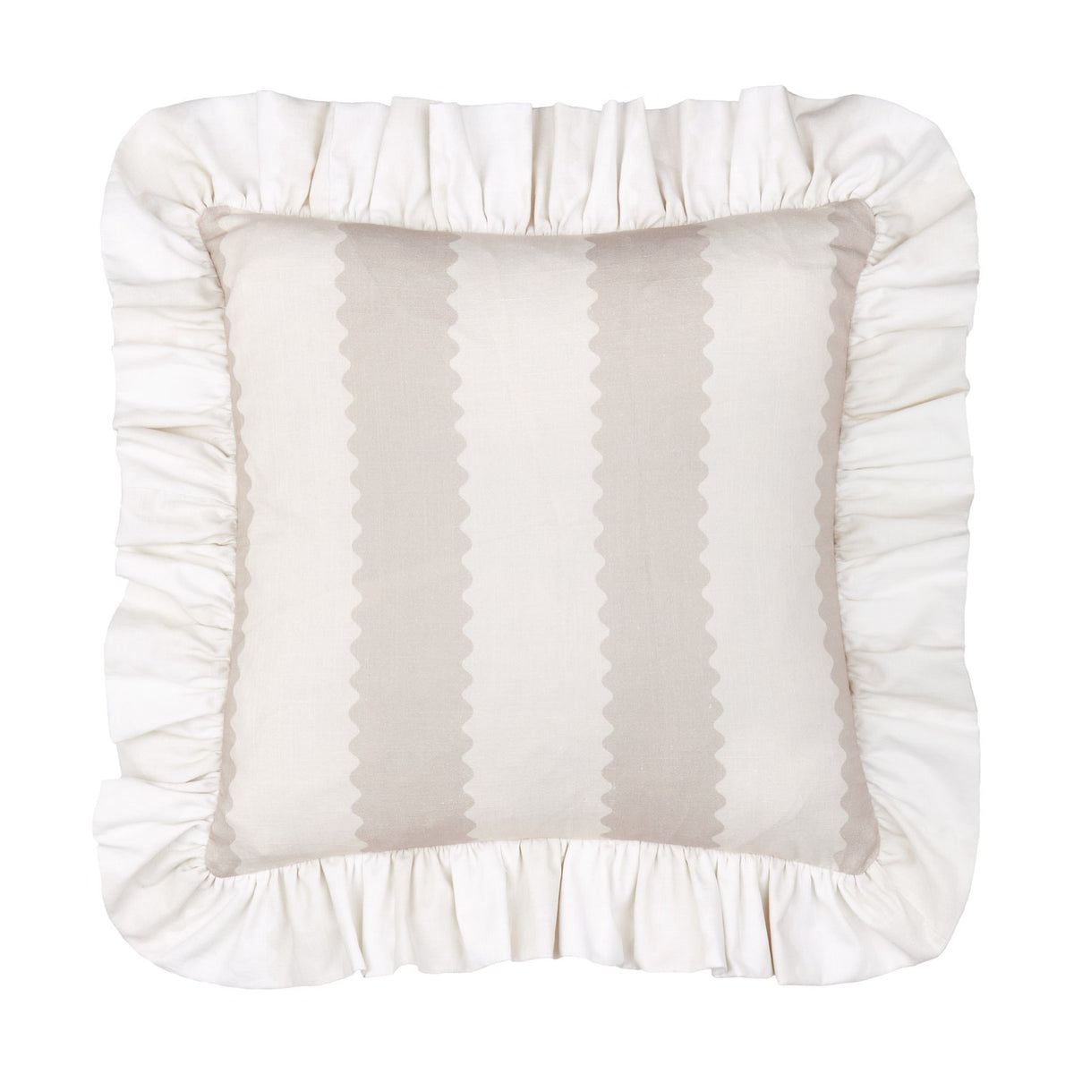 Birdie Stripe Frill Trim Cotton Cushion in natural, square with oatmeal scalloped stripes on cream cotton and a gathered white ruffle border, shown on a plain white background.