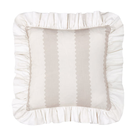 Birdie Stripe Frill Trim Cotton Cushion in natural, square with oatmeal scalloped stripes on cream cotton and a gathered white ruffle border, shown on a plain white background.