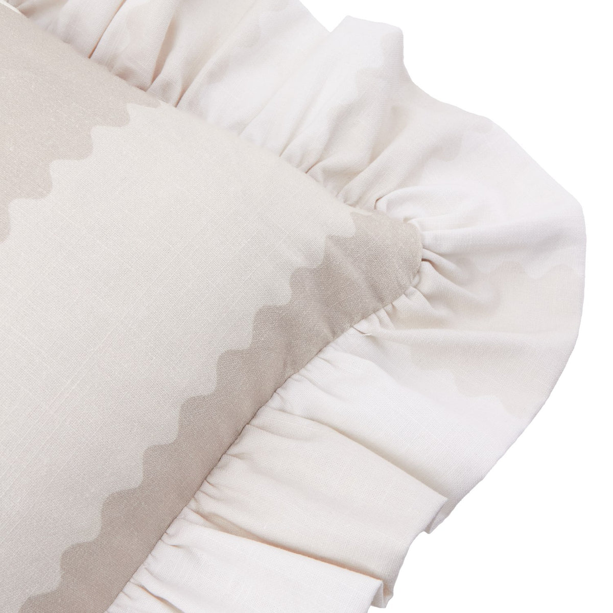 Close-up of the Birdie Stripe Frill Trim Cotton Cushion in natural, showing oatmeal scalloped stripes on cream cotton with a gathered ruffle edge.