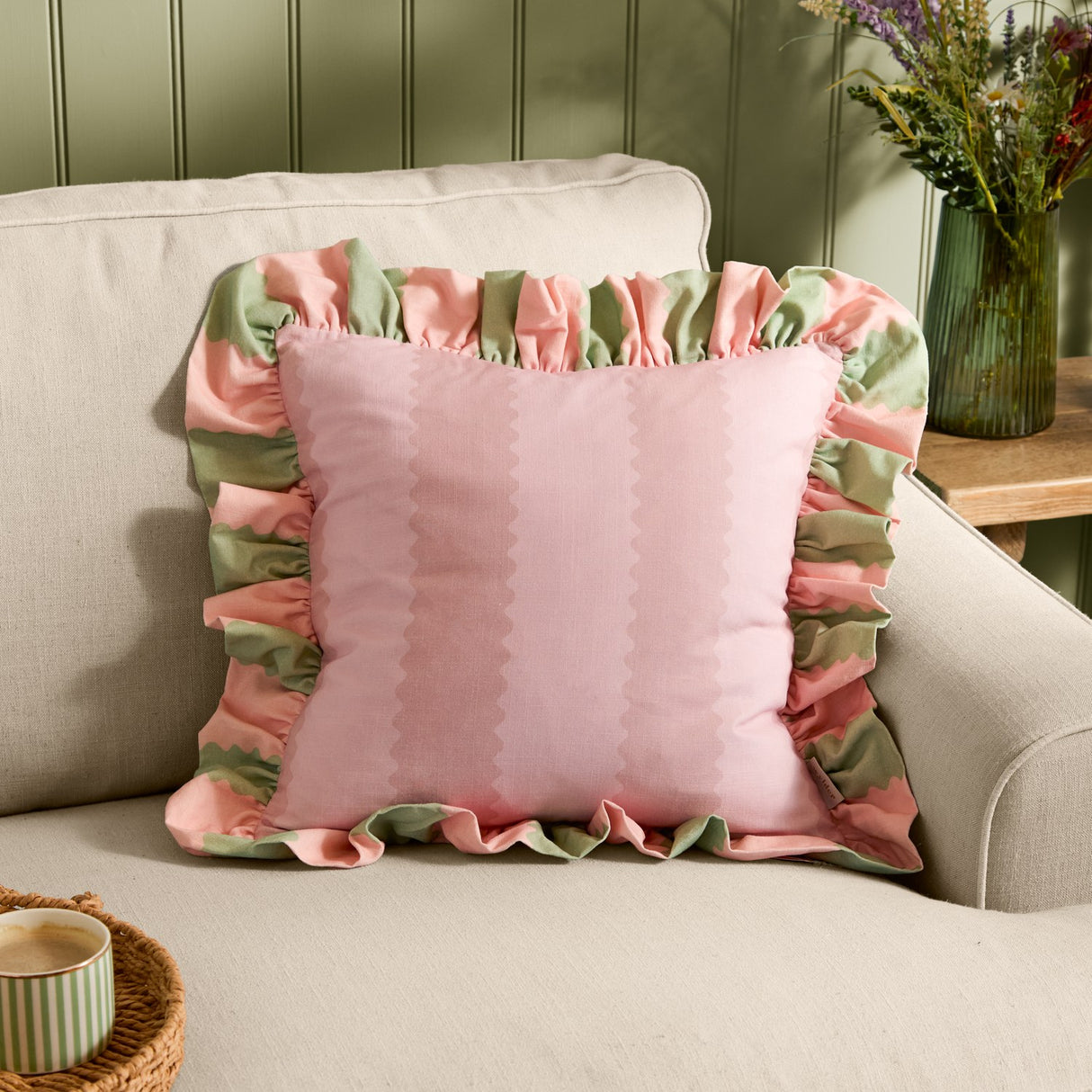 Birdie Stripe Frill Trim Cotton Cushion - Pink/Green