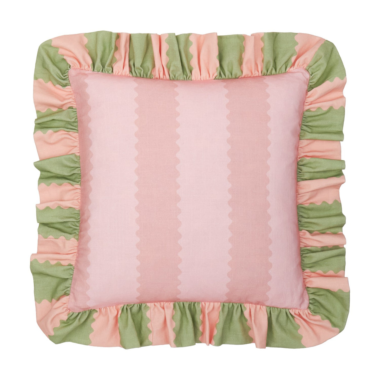 Birdie Stripe Frill Trim Cotton Cushion - Pink/Green