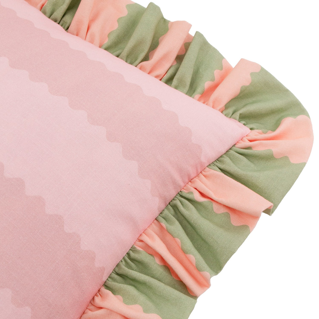 Birdie Stripe Frill Trim Cotton Cushion - Pink/Green