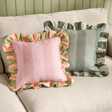 Birdie Stripe Frill Trim Cotton Cushion - Pink/Green