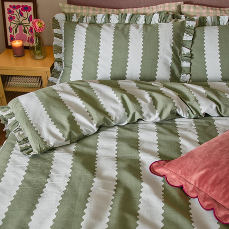 Birdie Stripe Printed Frill Trim Duvet Cover Set - Baygreen/Mist