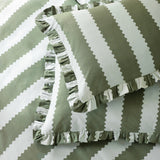 Birdie Stripe Printed Frill Trim Duvet Cover Set in Baygreen/Mist, showing bay green and white vertical stripes with scalloped edges and a gathered frill trim on the pillowcase and cover.