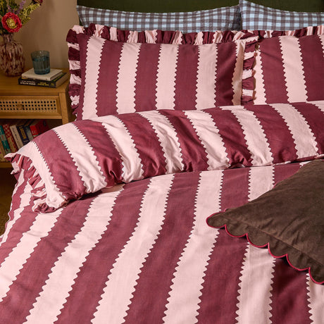 Birdie Stripe Frill Trim Duvet Cover Set - Burgundy/Blossom