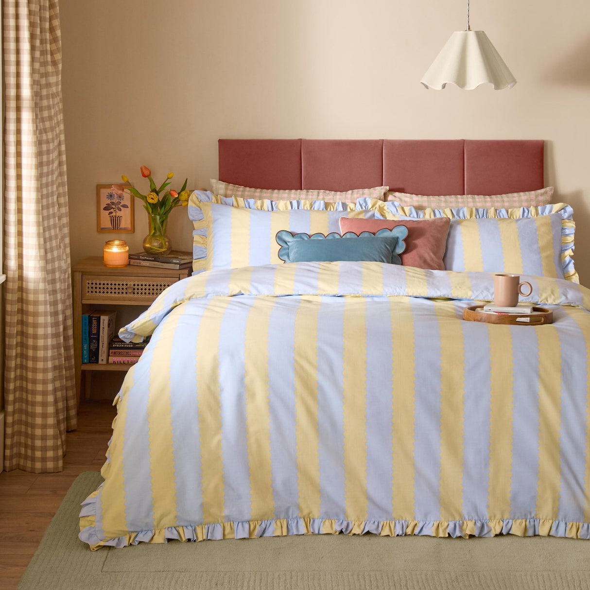 Birdie Stripe Printed Frill Trim Duvet Cover Set - Lemon/Sky