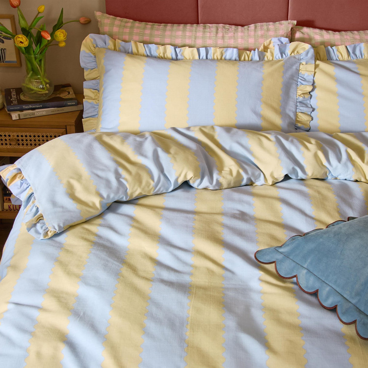 Birdie Stripe Printed Frill Trim Duvet Cover Set - Lemon/Sky