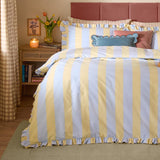 Birdie Stripe Printed Frill Trim Duvet Cover Set - Lemon/Sky