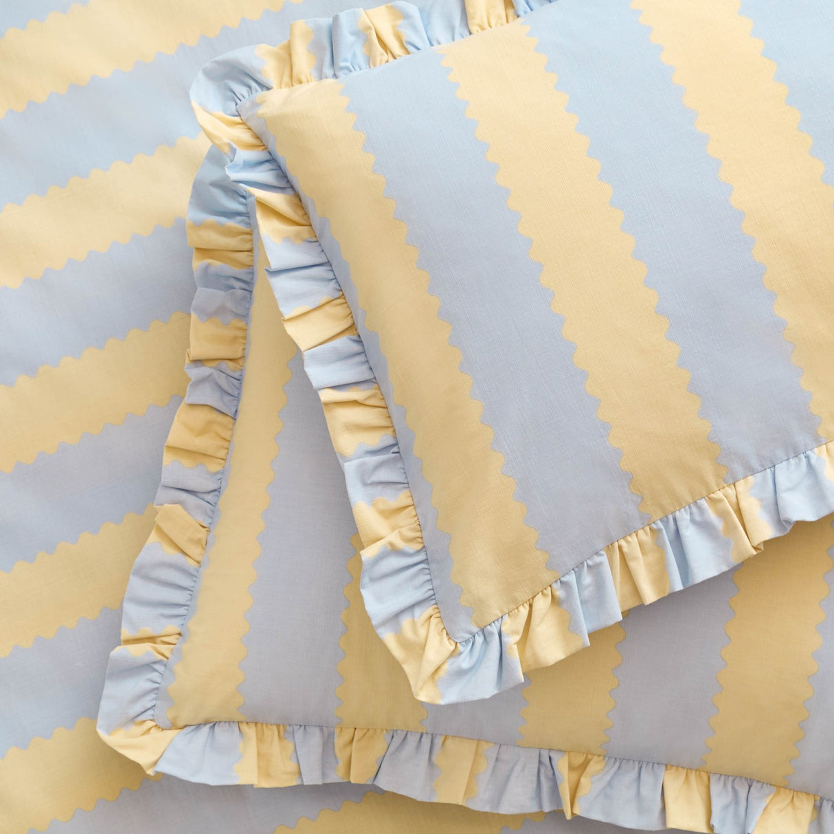 Birdie Stripe Printed Frill Trim Duvet Cover Set - Lemon/Sky