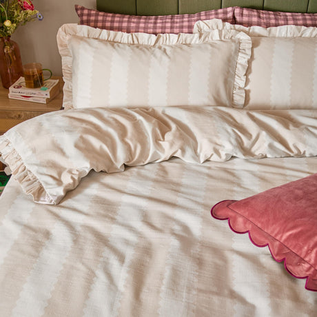 Birdie Stripe Printed Frill Trim Duvet Cover Set - Natural