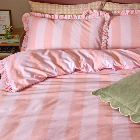 Birdie Stripe Printed Frill Trim Duvet Cover Set - Pink/Raspberry