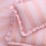 Birdie Stripe Printed Frill Trim Duvet Cover Set in Pink/Raspberry, showing pink vertical scalloped stripes with a gathered frill trim edging the duvet cover and pillowcases.