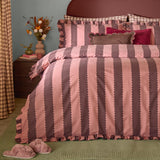 Birdie Stripe Printed Frill Trim Duvet Cover Set in Rose/Chocolate, styled on a bed with scalloped striped print, gathered frill edge, and matching pillowcases in a bedroom setting.