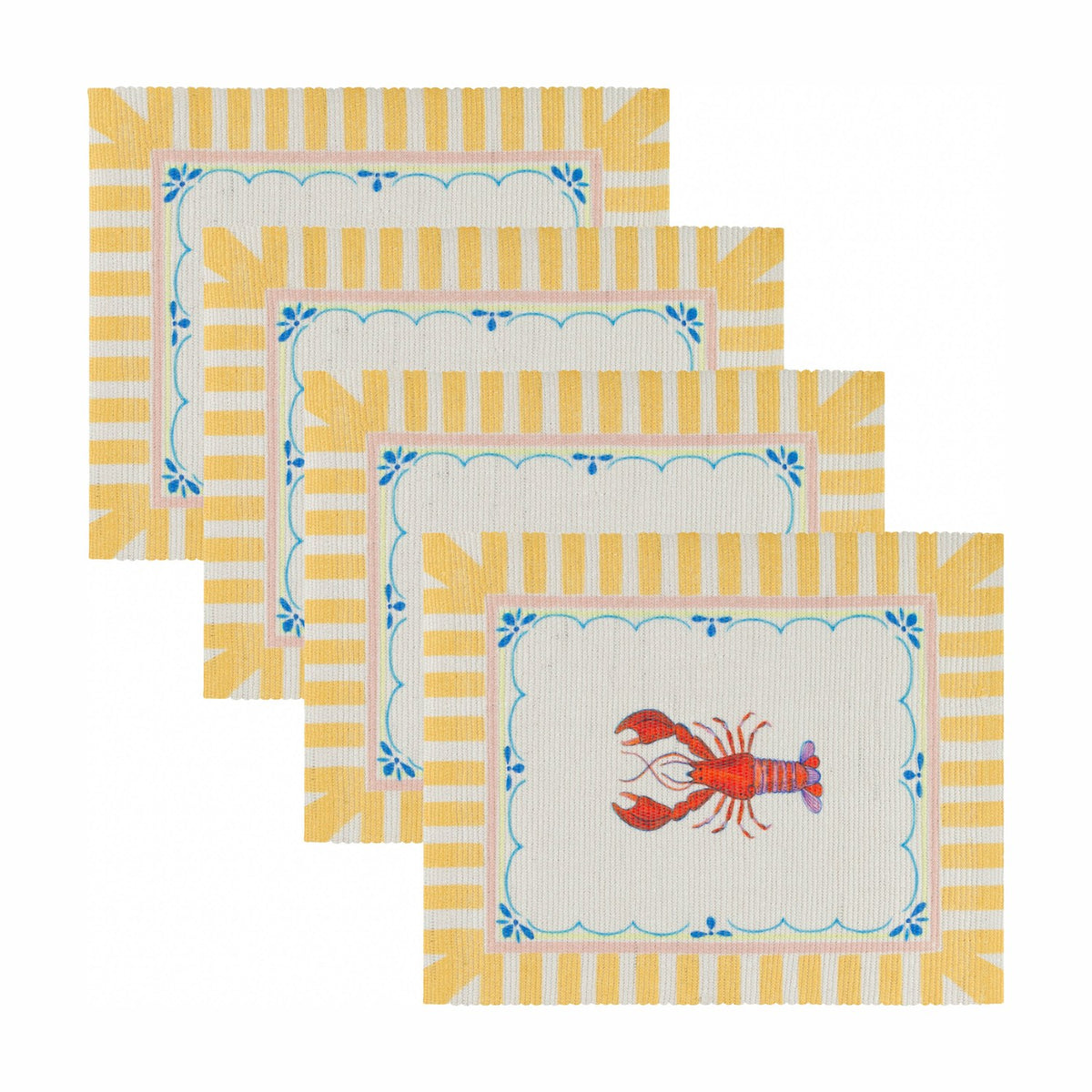 Set of four Brunch Stripes polyester placemats with yellow and cream striped borders, a scalloped blue outline and printed red lobster, shown on a plain white background.