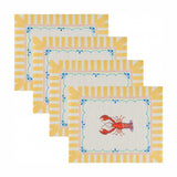 Set of four Brunch Stripes polyester placemats with yellow and cream striped borders, a scalloped blue outline and printed red lobster, shown on a plain white background.