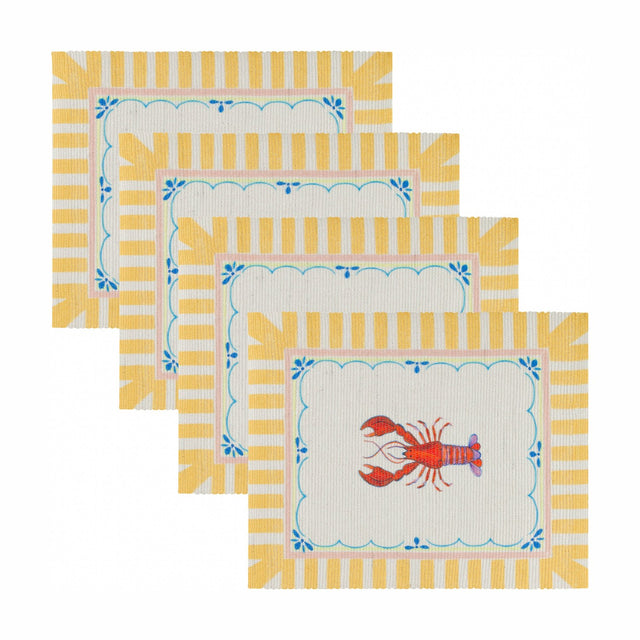Set of four Brunch Stripes polyester placemats with yellow and cream striped borders, a scalloped blue outline and printed red lobster, shown on a plain white background.
