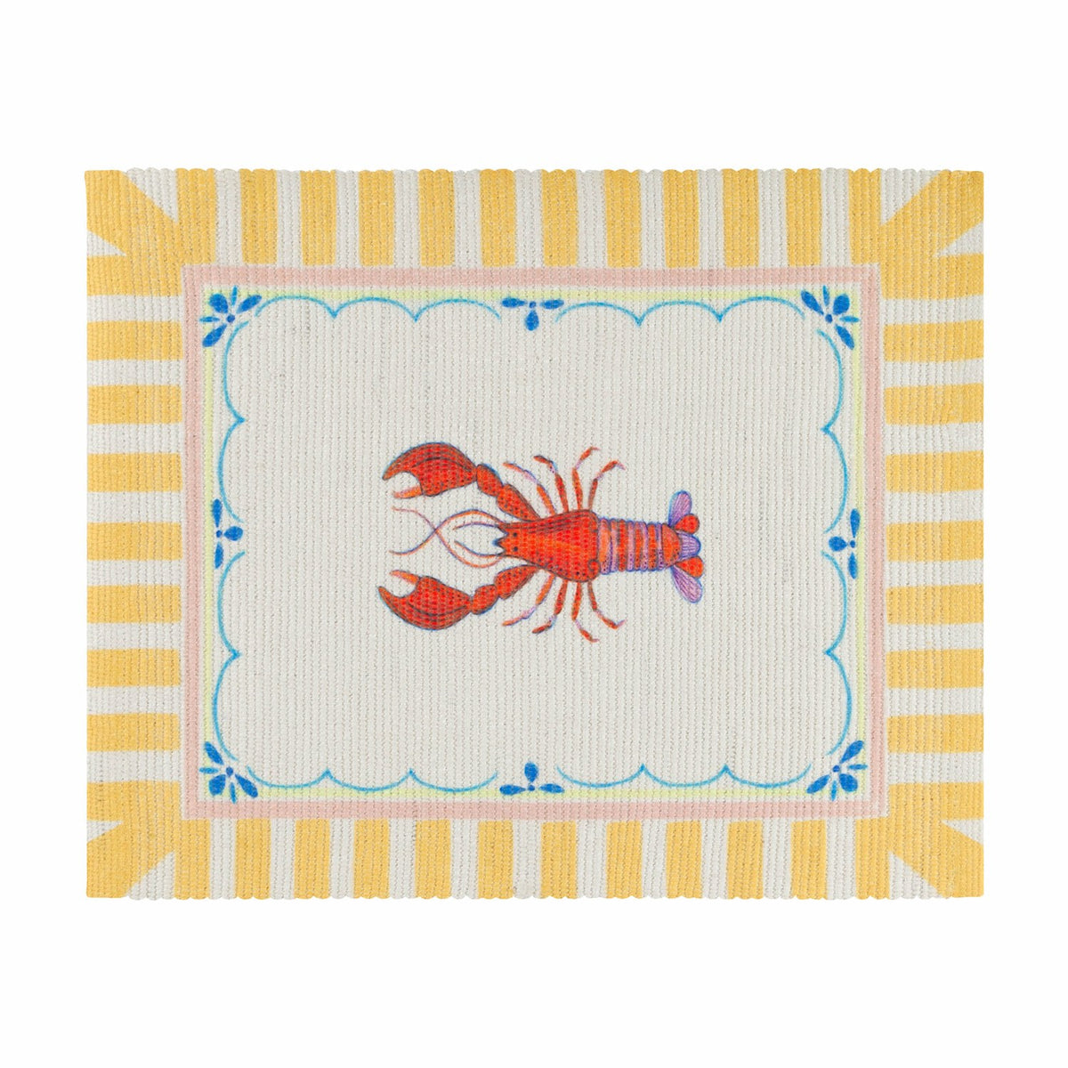 Brunch Stripes polyester placemat with a red lobster print inside a scalloped blue outline, framed by a yellow and cream striped border on a pale ground.