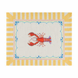 Brunch Stripes polyester placemat with a red lobster print inside a scalloped blue outline, framed by a yellow and cream striped border on a pale ground.