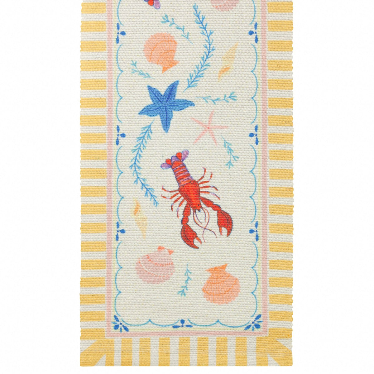 Brunch Stripes polyester table runner with cream centre, scalloped border and yellow stripe edges, printed with a red lobster, blue starfish and coral shells.
