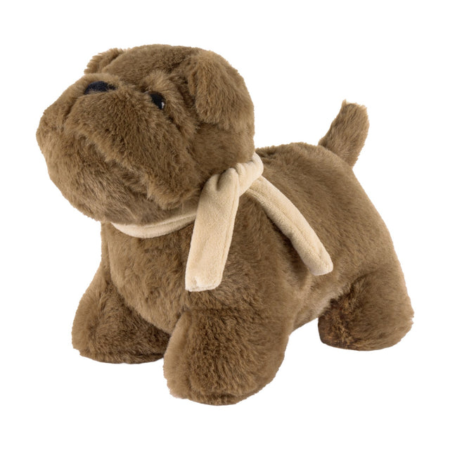 Buddy Weighted Faux Fur Door Stop in brown, styled as a bulldog with soft plush fur and a cream scarf tied around its neck, shown on a plain white background.